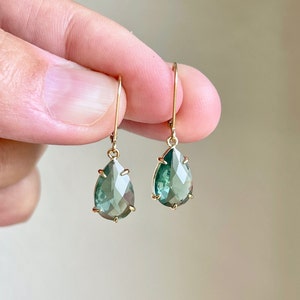 Green Topaz Earrings, Teal Green Teardrop Earrings in Gold or Silver, Small Everyday Drop Earrings, Delicate Prong Earrings, Gift for her