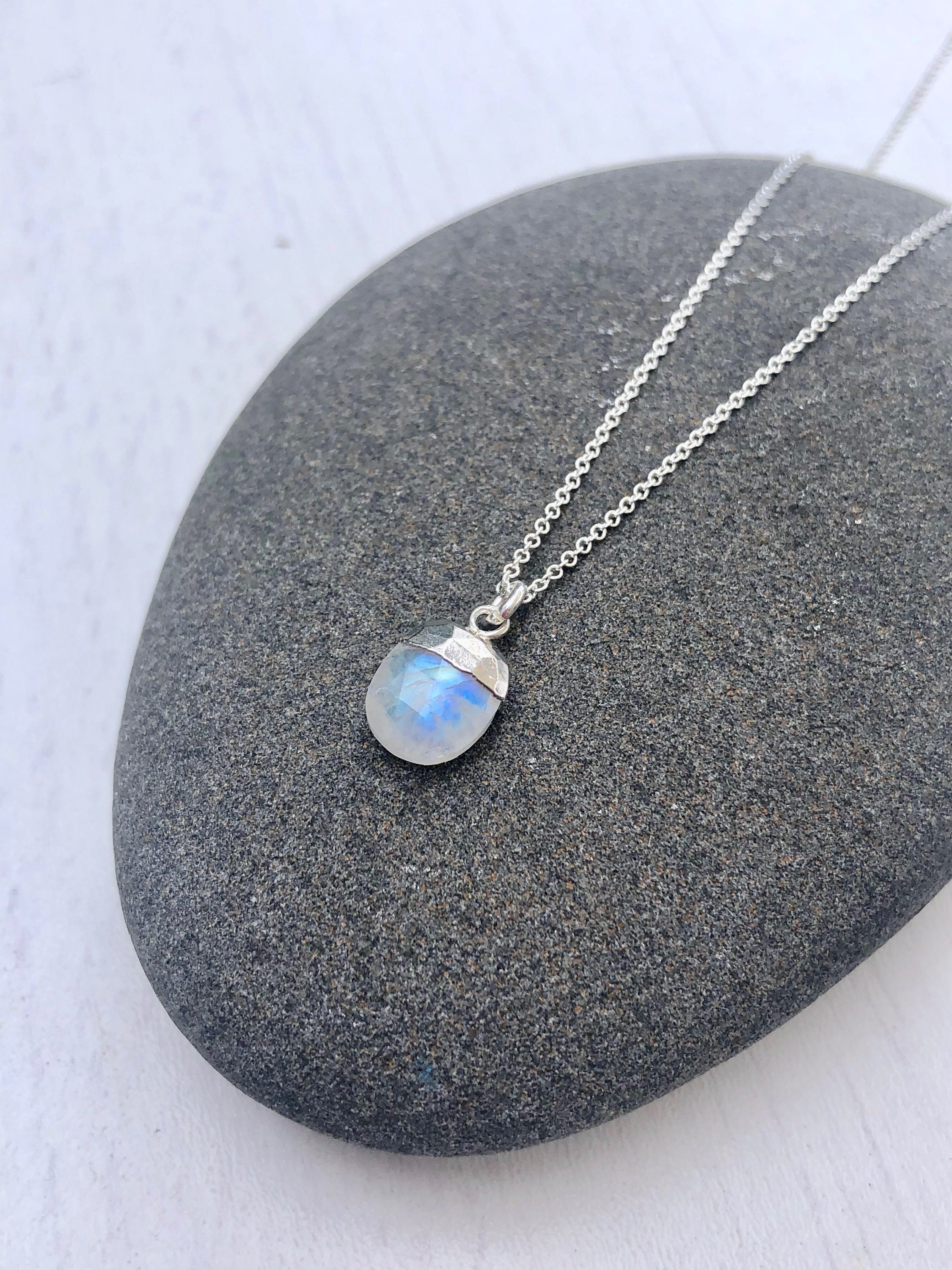 Collier Fait Main Pierre De Lune Arc-en-ciel, Argent 925, Longueur 17-18 Pouces - Neuf Sans Emballage