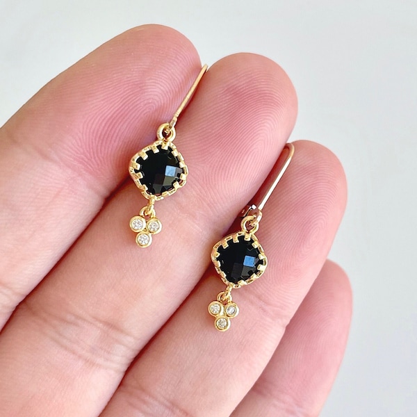 Black Onyx Earrings, Tiny Shiny Black Diamond Shape Earrings, Small Dangle Drops Gold or Silver, Elegant Minimalist Earrings, Gift for her