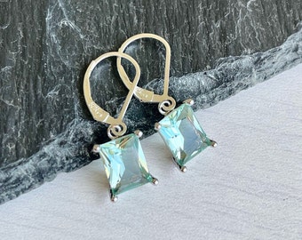 Green Amethyst Earrings, Mint Green Emerald Cut Dangle Drops in Gold or Silver, February Birthstone, Prasiolite Jewelry, Sage Gift for her