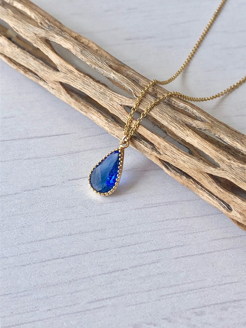 Blue Quartz Teardrop Necklace Gift for her September Birthstone Royal Blue Necklace Dainty Minimal Gold Necklace Small Sapphire Pendant