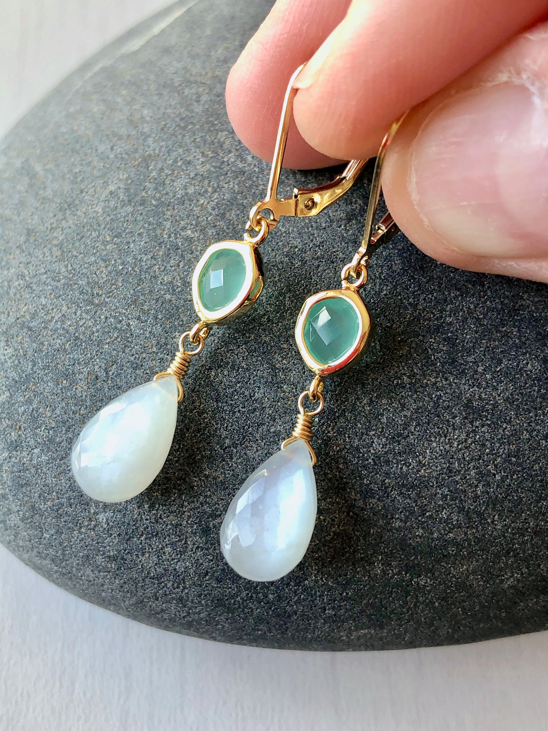 Moonstone and Chalcedony Earrings, Aqua Blue Statement Earrings in