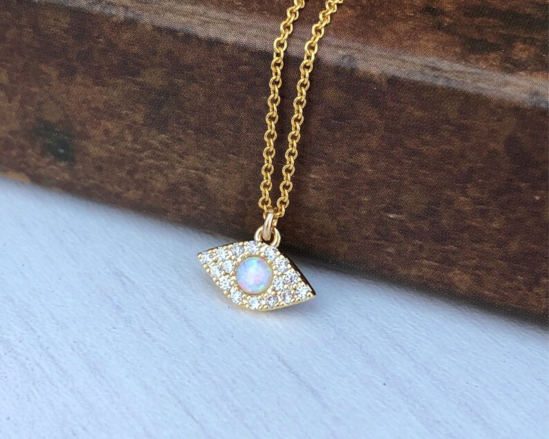 Evil Eye Necklace Opal Necklace Tiny Opal Pendant October - Etsy