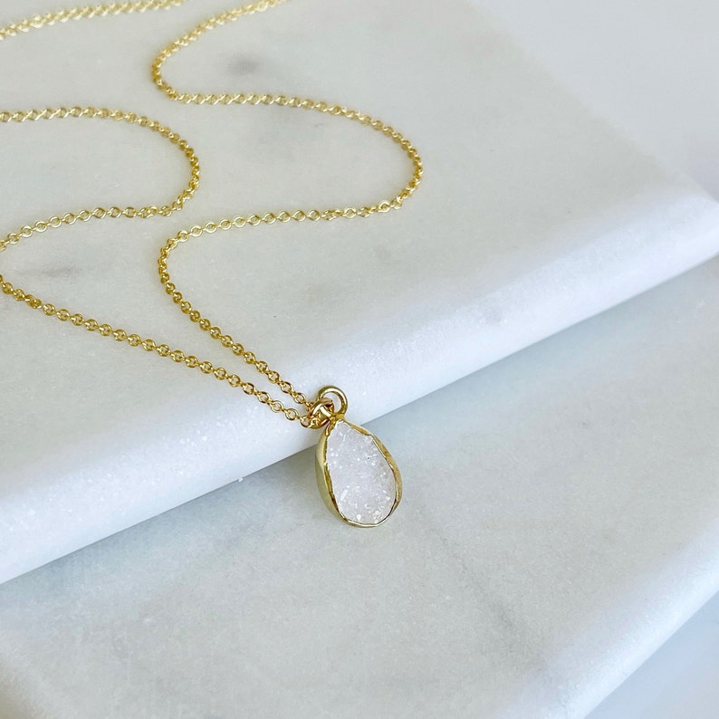 White Druzy Necklace, Geode Crystal Pendant, White Teardrop Necklace, Minimalist Necklace in Gold, Layering Jewelry, Boho Gift for her image 9