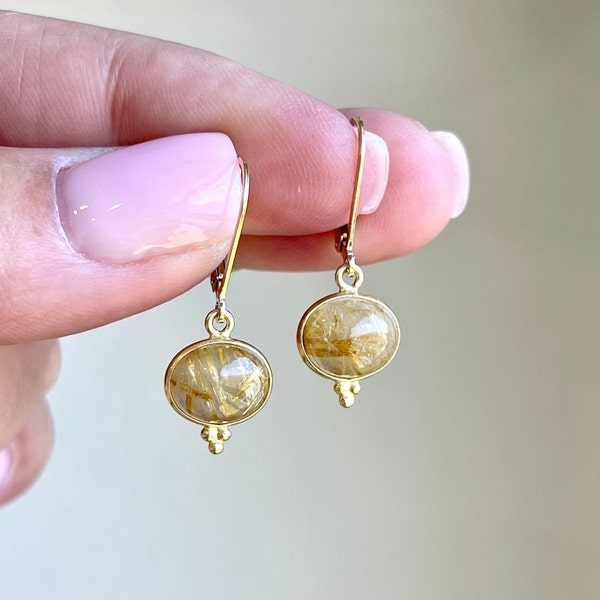 Rutilated Quartz Earrings, Golden Rutilated Quartz Smooth Oval Earrings in Gold Filled, Small Golden Yellow and Clear Jewelry, Gift for Mom