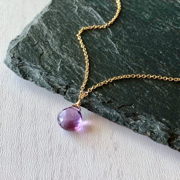 Amethyst Necklace, February Birthstone, Purple Amethyst Teardrop Pendant, Minimalist Jewelry in Gold or Silver, Delicate Gift for February