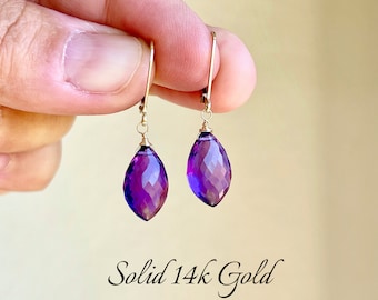 Amethyst Earrings, February Birthstone, Solid 14k Gold Purple Teardrop Gemstone Earrings, Real Amethyst Jewelry, Elegant Gift for Aquarius