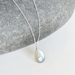 Gray Moonstone Necklace, Light Sheen Gray Teardrop Pendant, June Birthstone, Layering Necklace Gold or Silver, Neutral Dainty Gift for her