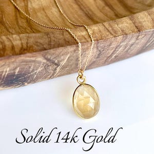 Yellow Topaz Necklace, November Birthstone, Solid 14K Gold Minimalist Golden Yellow Oval Pendant, Topaz Jewelry in Real Gold Gift for women
