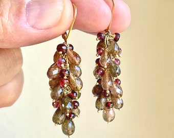 Andalusite Cluster Earrings, Garnet Dangle Statement Earrings, Red and Brown Gold Dangling Earrings, Fall colors, Elegant Gift for her