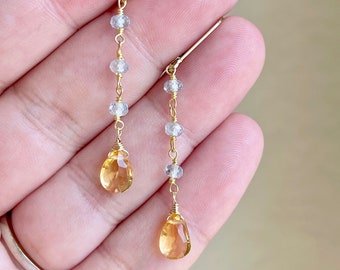 Citrine and Aquamarine Earrings, Yellow and Blue Dangle Drops, Elegant Beaded Earrings Gold or Silver, March Birthstone, Gift for women