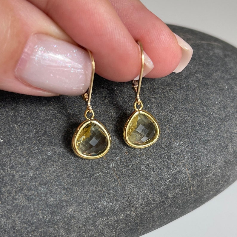 Yellow Topaz Teardrop Earrings, Light Yellow Drop Earrings in Gold Filled, November Birthstone, Small Dangle Bezeled Gemstone, Gift for her zdjęcie 7