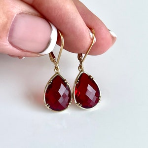 Red Quartz Earrings, January Birthstone, Dark Red Teardrop Earrings in Gold Filled, Deep Red Prong Set Fancy Jewelry, Holiday Gift for women
