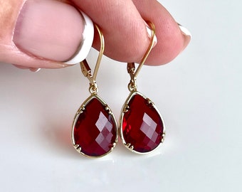 Red Quartz Earrings, January Birthstone, Dark Red Teardrop Earrings in Gold Filled, Deep Red Prong Set Fancy Jewelry, Holiday Gift for women