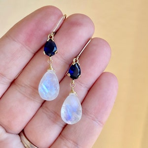 Rainbow Moonstone and Sapphire Earrings, June Birthstone, White and Royal Blue Gold Drops, Wedding Moonstone Jewelry, Elegant Gift for her