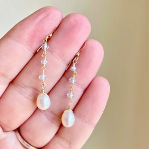 Pearl and Aquamarine Earrings, White and Blue Dangle Drops, Elegant Pearl Beaded Earrings Gold or Silver, June Birthstone, Gift for women image 7