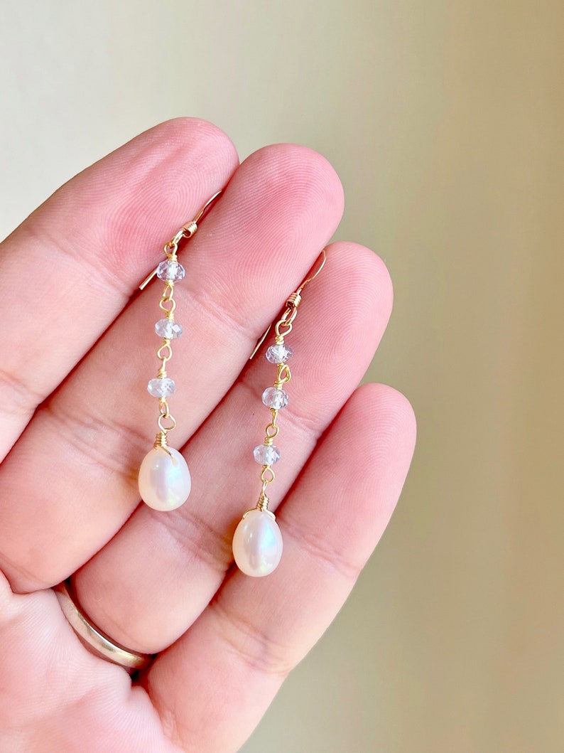 Pearl and Aquamarine Earrings, White and Blue Dangle Drops, Elegant Pearl Beaded Earrings Gold or Silver, June Birthstone, Gift for women image 7