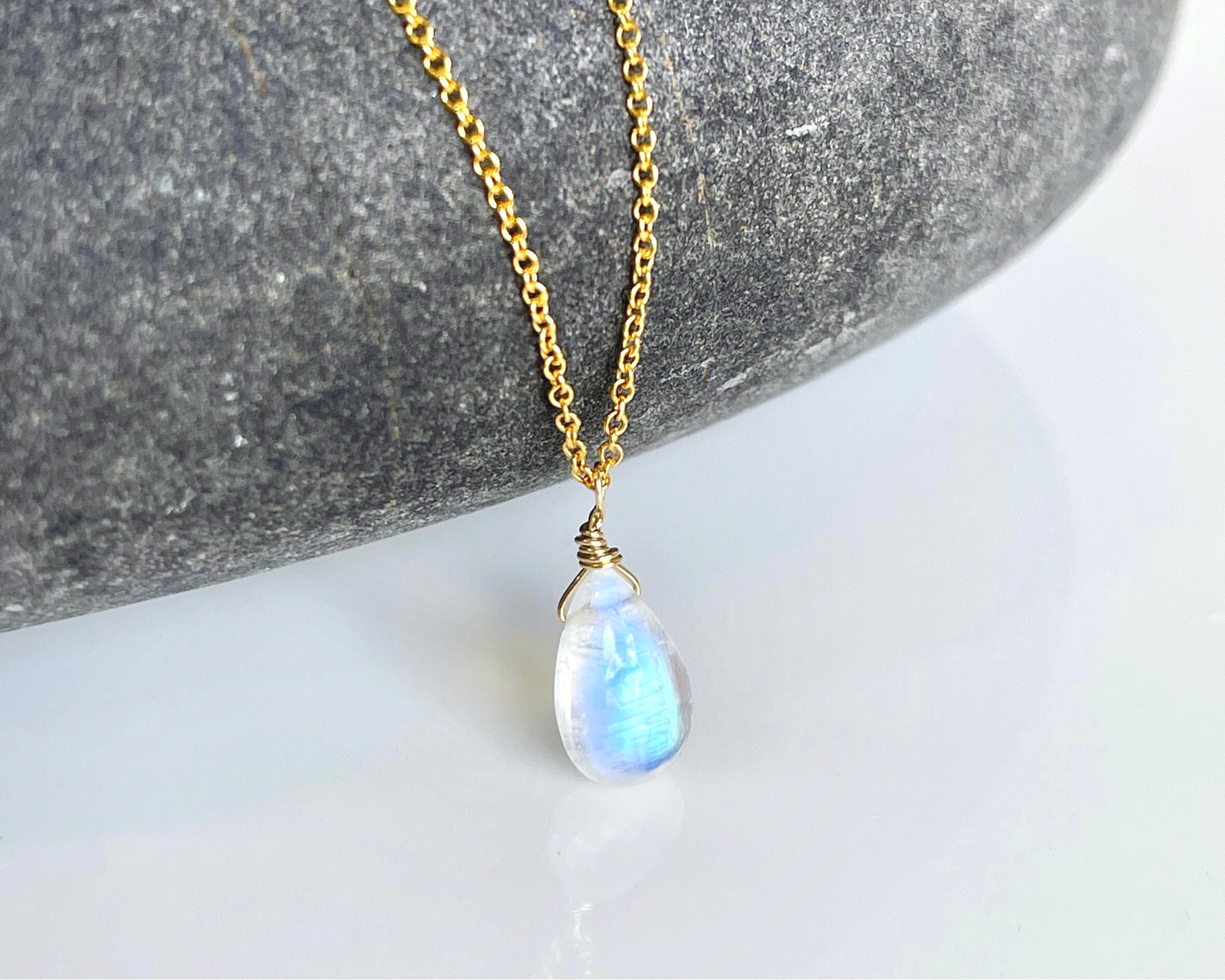 Rainbow Moonstone Necklace, Smooth Rainbow Moonstone Teardrop
