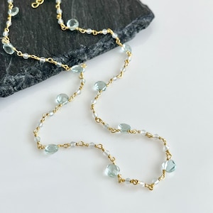 Aquamarine Necklace, March Birthstone, Light Blue Beaded Choker in Gold Filled, Wire wrapped Dainty Minimalist Necklace, Mother's Day Gift image 1