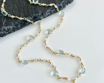 Aquamarine Necklace, March Birthstone, Light Blue Beaded Choker in Gold Filled, Wire wrapped Dainty Minimalist Necklace, Mother's Day Gift