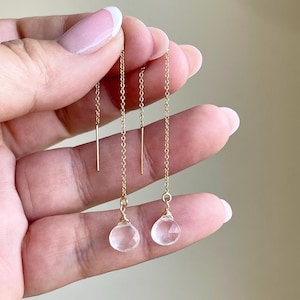 Rose Quartz Threader Earrings, Rose Quartz Modern Earrings, Pink Minimalist Chain Earrings, Dainty Pull Through Earrings, Boho, gift for her