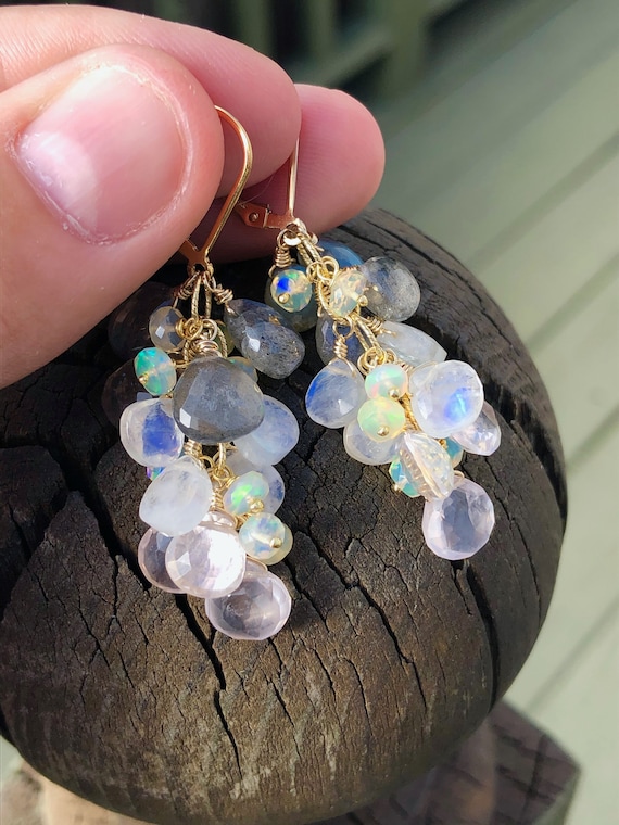 Rainbow Moonstone, Labradorite 14k Gold-plated Silver Chain Drop Earrings Rainbow Moonstone, Labradorite 14k Gold-plated Silver Chain Drop Earrings