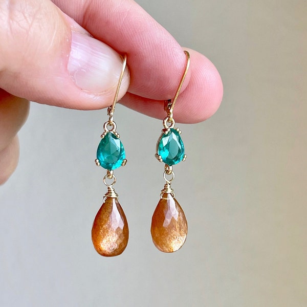 Green Apatite and Silk Moonstone Earrings, Teal and Bronze Earrings in Gold, Two Tone Statement Drop Earrings, Vivid Color Gift for her