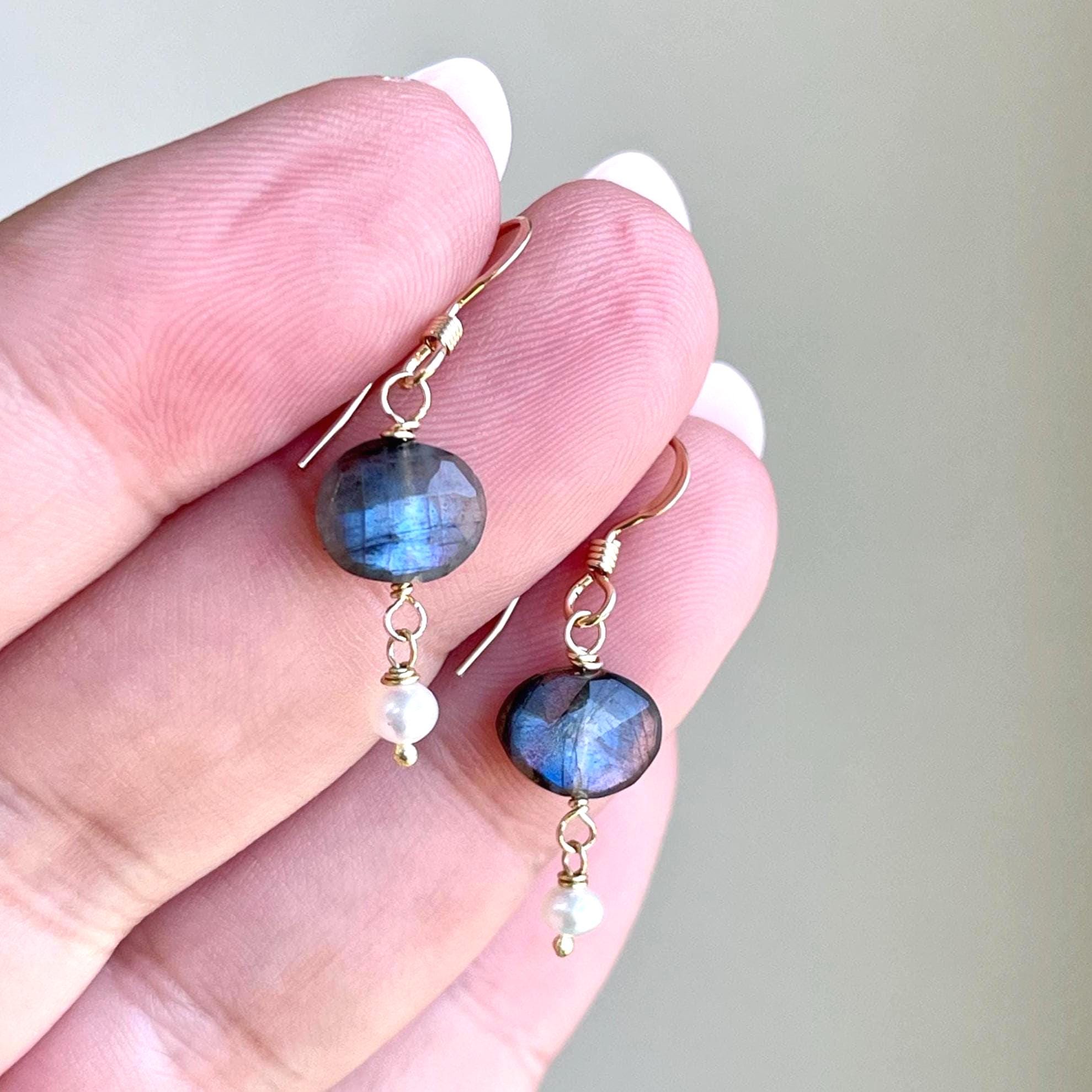 Blue Labradorite and Pearl Earrings, Tiny Blue and White Oval Earrings in Gold or Silver, Sparkly Minimalist June Birthstone Jewelry Gift
