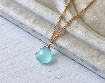 Aqua Chalcedony Necklace, Tiny Chalcedony Pendant, Summer Necklace, Dainty Ocean Blue Necklace, Minimalist Drop Gift for her, Gift for Mom