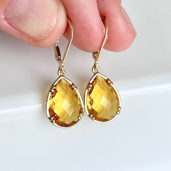 Citrine Earrings, November Birthstone, Yellow Teardrop Gem Earrings in Gold, Yellow Citrine Jewelry, Simple Elegant Earrings, Gift for women