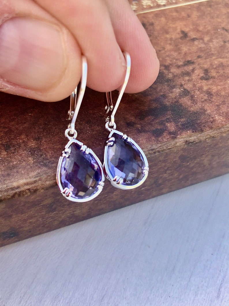 Amethyst Earrings February Birthstone Purple Teardrop Gem Sterling Silver
