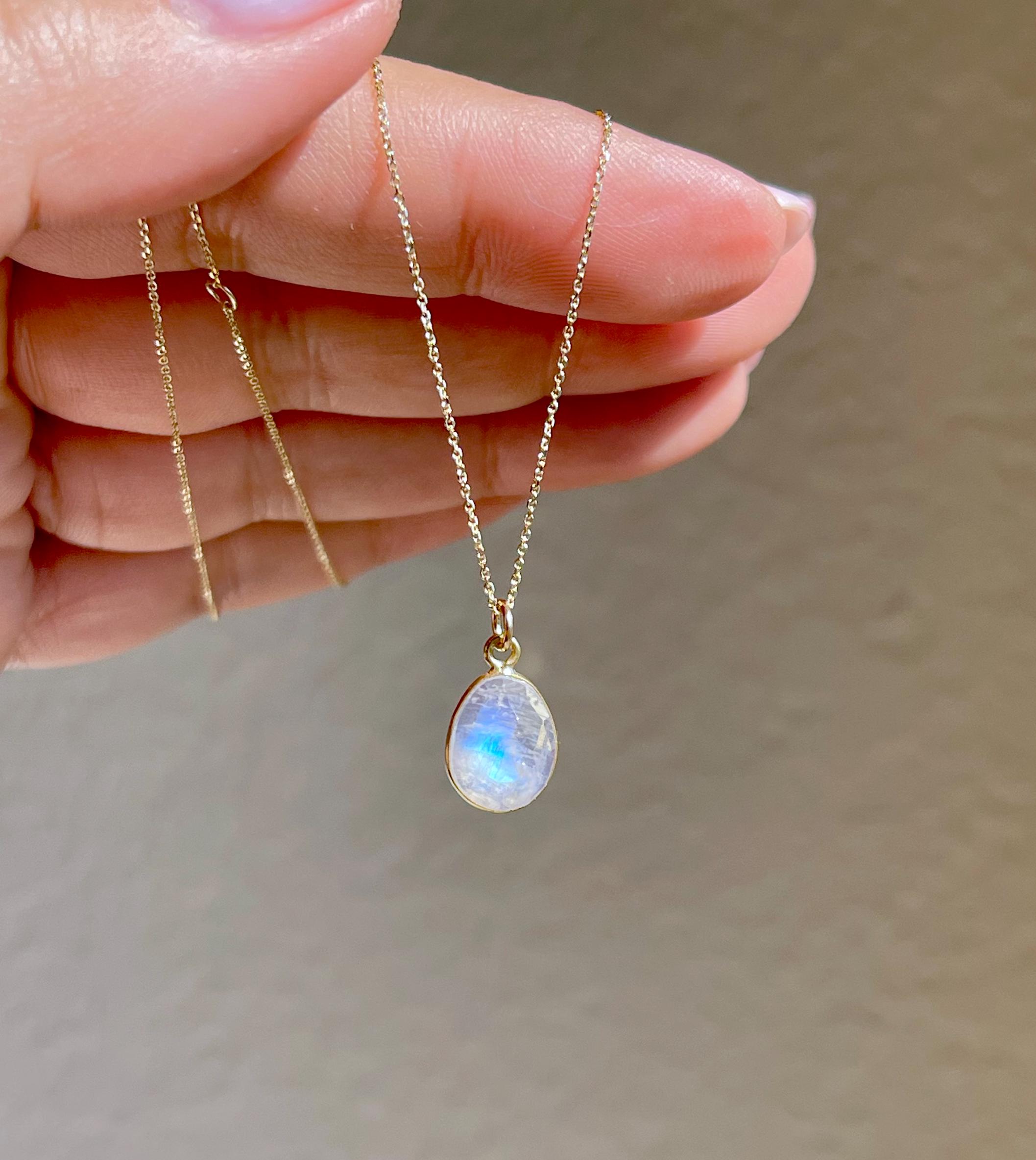 Rainbow Moonstone Necklace, Solid Gold Necklace, 14K Gold, June