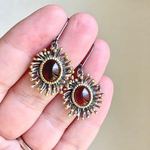 Garnet Anemone Earrings, January Birthstone, Red Oval Earrings in Gold and Oxidized Silver, Fancy Statement Garnet Earrings Gift for women
