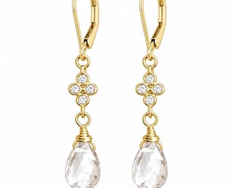 White Topaz Earrings, April Birthstone, Clear Teardrop Dangle Minimalist Earrings in Gold or Silver, Dainty Crystal Jewelry, Gift for women