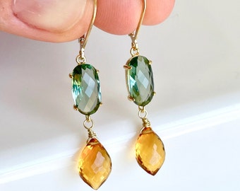 Green Topaz and Golden Citrine Earrings, Green and Yellow Elongated Statement Earrings in Gold or Silver, Dark Yellow Jewelry Gift for her