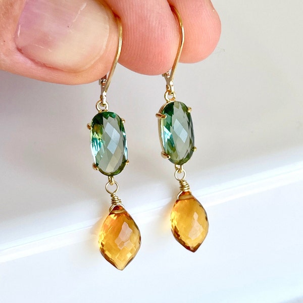 Green Topaz and Golden Citrine Earrings, Green and Yellow Elongated Statement Earrings in Gold or Silver, Dark Yellow Jewelry Gift for her