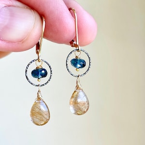 Rutilated Quartz and London Blue Topaz Earrings, Gold and Blue Teardrop Earrings, Golden Rutile Quartz Minimalist Jewelry, Gift for women