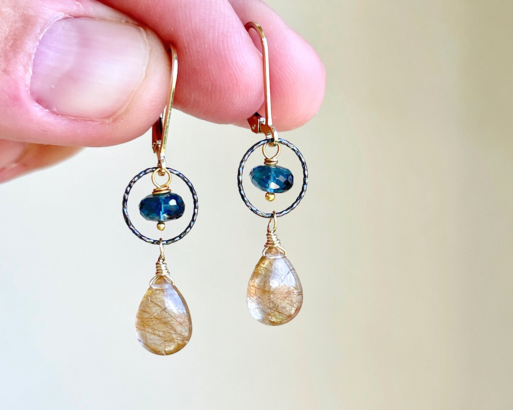 Rutilated Quartz and London Blue Topaz Earrings, Gold and Blue Teardrop Earrings, Golden Rutile Quartz Minimalist Jewelry, Gift for women