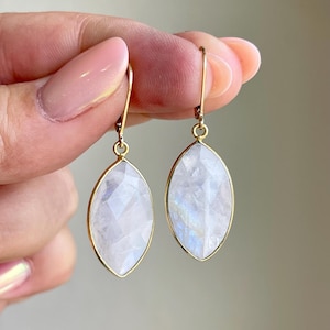 Rainbow Moonstone Statement Earrings, White Faceted Elongated Marquise Earrings in Gold Filled, June Birthstone, Boho Jewelry Gift for Mom