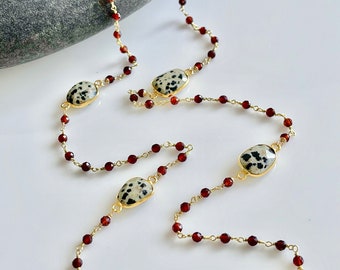 Garnet and Dalmatian Jasper Long Necklace, Red Black and White Layering Beaded Necklace, Elegant Delicate wire wrapped Necklace for women