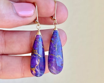 Purple Turquoise Earrings, December Birthstone, Mojave Kingsman Copper Turquoise Earrings, Elongated Teardrop Earrings, Gift for women