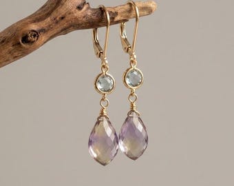 Ametrine Earrings, February Birthstone, Ametrine and Mystic Topaz Dangle Earrings in Gold, Elegant Gemstone Jewelry, Holiday Gift for her