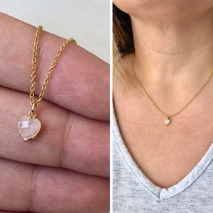 Tiny Heart Necklace, Rose Quartz Heart Pendant, Small Pink Delicate Necklace, Minimalist Layering Jewelry, Gift for her, Love Necklace, Mom image 3