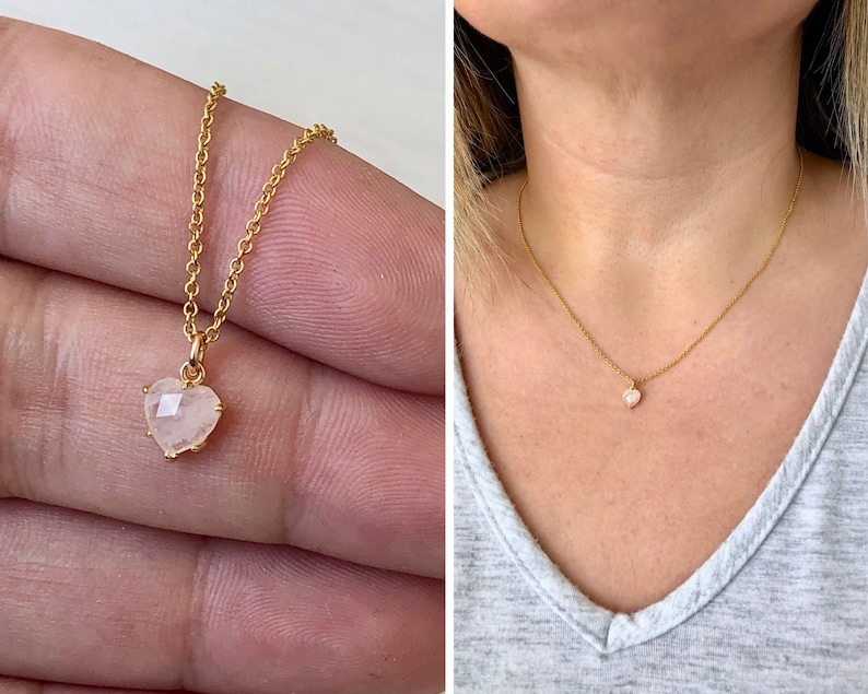 Tiny Heart Necklace, Rose Quartz Heart Pendant, Small Pink Delicate Necklace, Minimalist Layering Jewelry, Gift for her, Love Necklace, Mom image 3