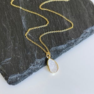 White Druzy Necklace, Geode Crystal Pendant, White Teardrop Necklace, Minimalist Necklace in Gold, Layering Jewelry, Boho Gift for her image 8