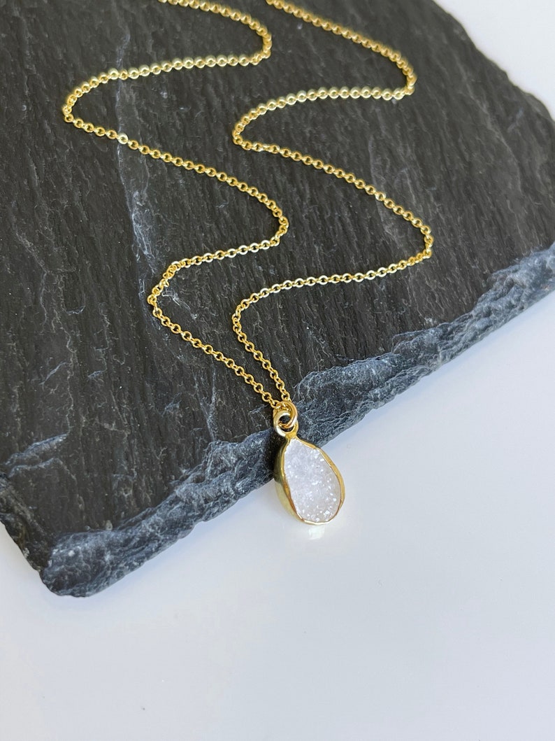 White Druzy Necklace, Geode Crystal Pendant, White Teardrop Necklace, Minimalist Necklace in Gold, Layering Jewelry, Boho Gift for her image 8