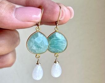 Amazonite and Moonstone Statement Earrings, White and Teal Green Elongated Earrings in Gold, Long Boho Jewelry, Summer Earrings Gift for her