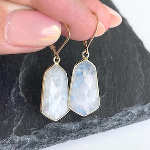 Rainbow Moonstone Earrings, June Birthstone, White Hexagon Statement Earrings in Gold, Summer Jewelry Drops for women, Mother&#39;s Day Gift