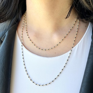 Black Onyx Necklace, Long Onyx Layering Necklace, Dainty Wire Wrapped Rosary Beaded Chain in Gold or Silver, Black Delicate Gift for women