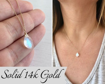 Rainbow Moonstone Necklace, June Birthstone, Real Solid 14k Moonstone Teardrop Pendant, Minimalist Jewelry, Everyday Necklace, Gift for Mom